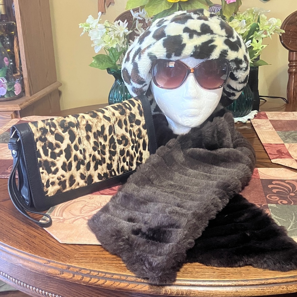 Leopard Print Hat and Clutch Set with Sunglasses and scarf